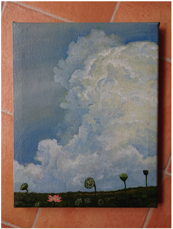 油絵 Ｆ０ 「花と雲」 蓮の花と入道雲－油絵 絵画 mimimosa 通販 18540680｜Creema