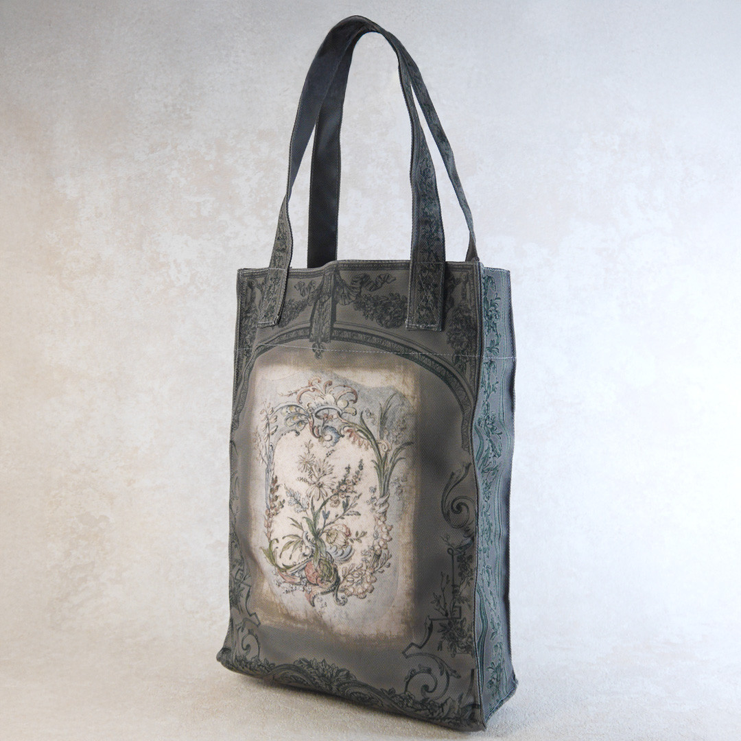 撥水縦型トートバック　アンティーク柄　花飾り　グレージュ