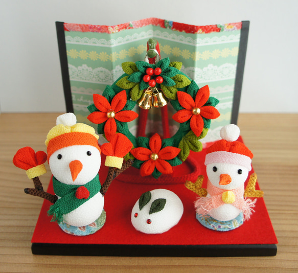 つまみ細工 ちりめん 雪だるま 雪うさぎ クリスマスリース 屏風 木製黒