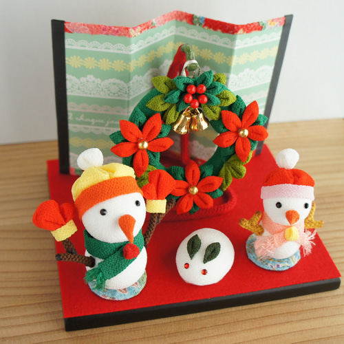 つまみ細工 ちりめん 雪だるま 雪うさぎ クリスマスリース 屏風 木製黒