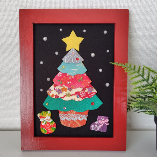 67.クリスマス アート作品 フレーム付き 和のクリスマス ちりめん押し絵フレーム その他アート 夢さき