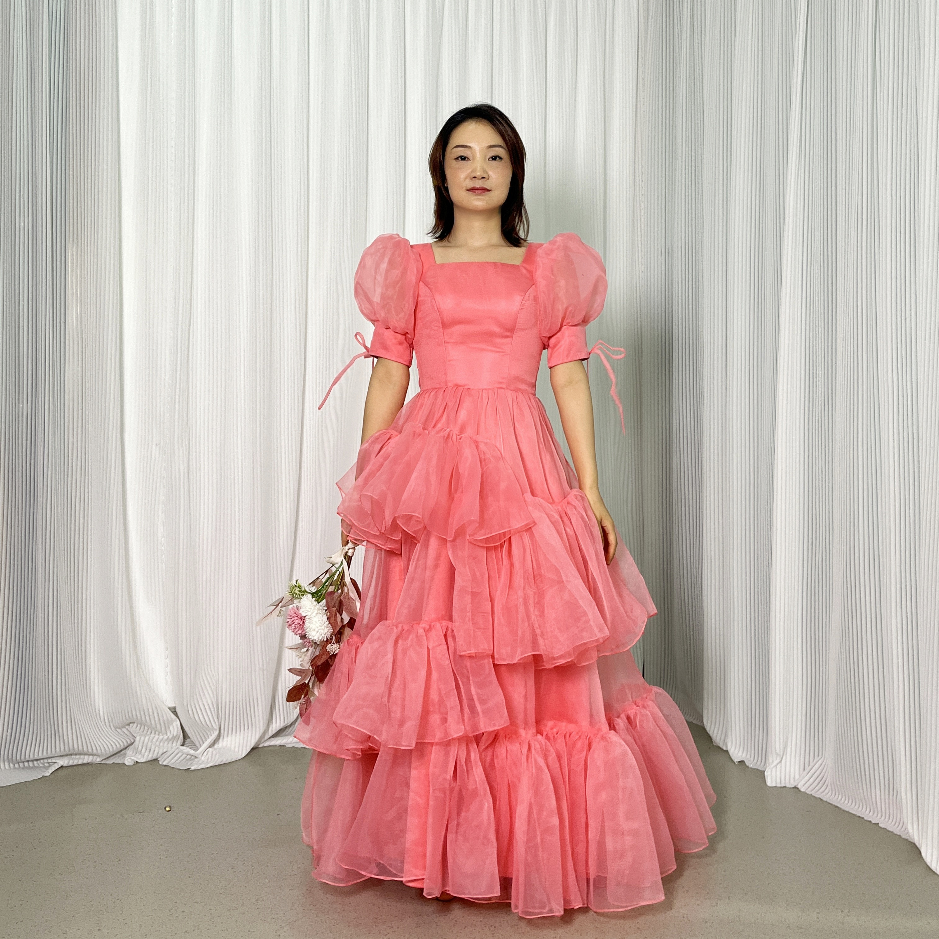 送料無料！カラードレス  上質オーガンジー プリンセスライン ロング  ピンク 可愛い 前撮り 二次会