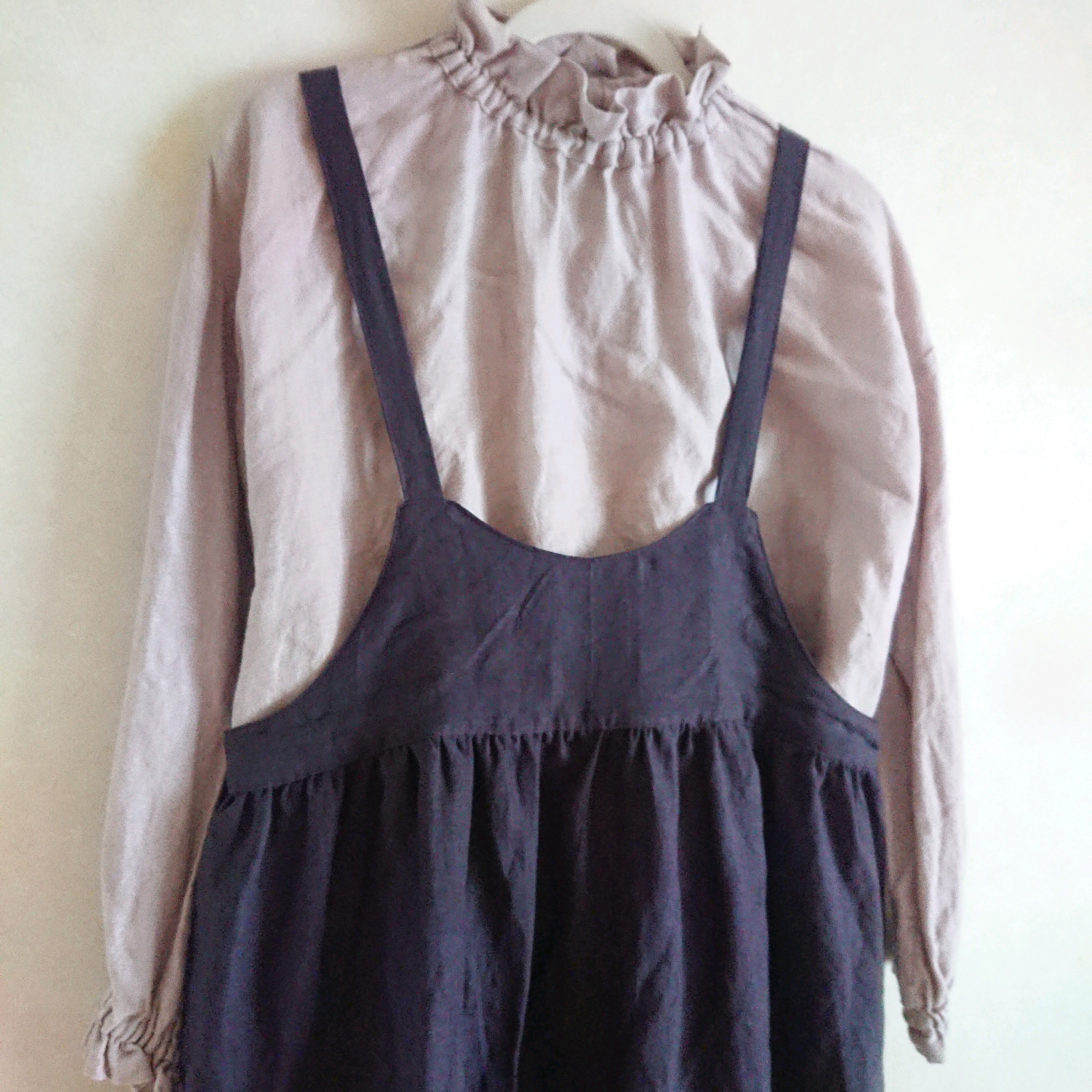 リネンのバックリボンサスペンダースカート☆グレイッシュパープル〈受注制作〉