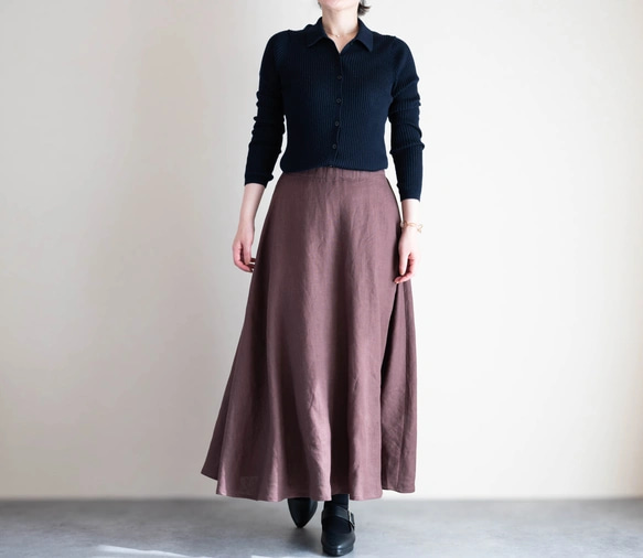 リネンフレアスカート アズキ ブラウン 美シルエット Aラインロング