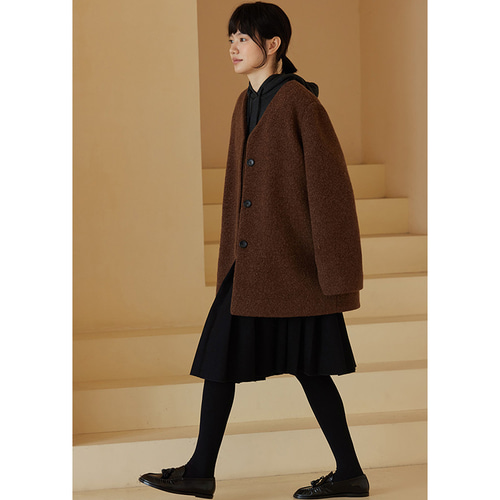 ウール混紡地厚ジャケット ウールツイード生地コート Vネックコート