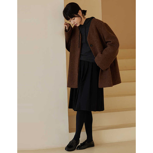 ウール混紡地厚ジャケット ウールツイード生地コート Vネックコート