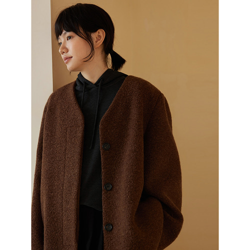 ウール混紡地厚ジャケット ウールツイード生地コート Vネックコート