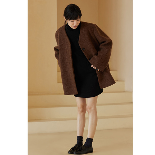 ウール混紡地厚ジャケット ウールツイード生地コート Vネックコート