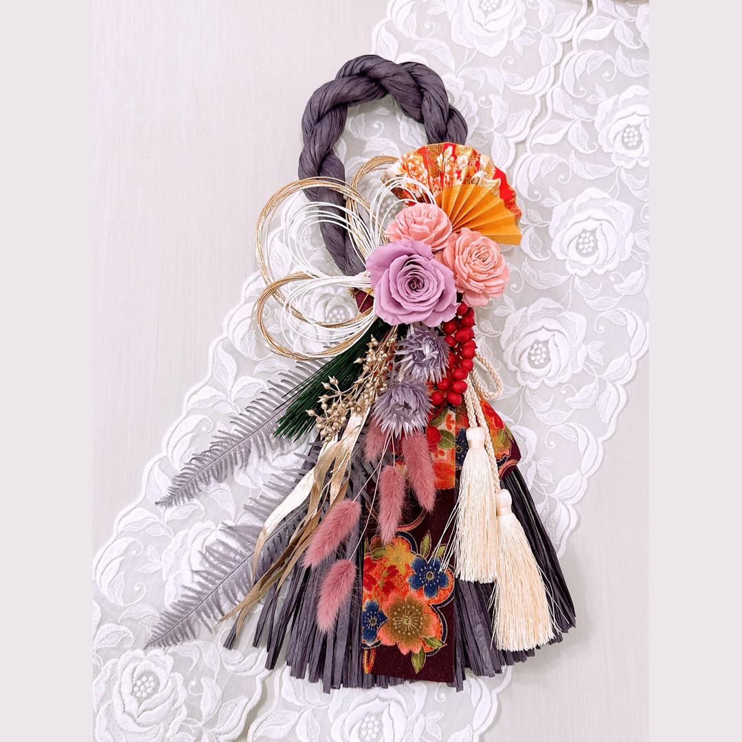 和モダン お正月飾り 招福 しめ縄 パープル ゴールド グリーン しめ飾り プリザーブドフラワー