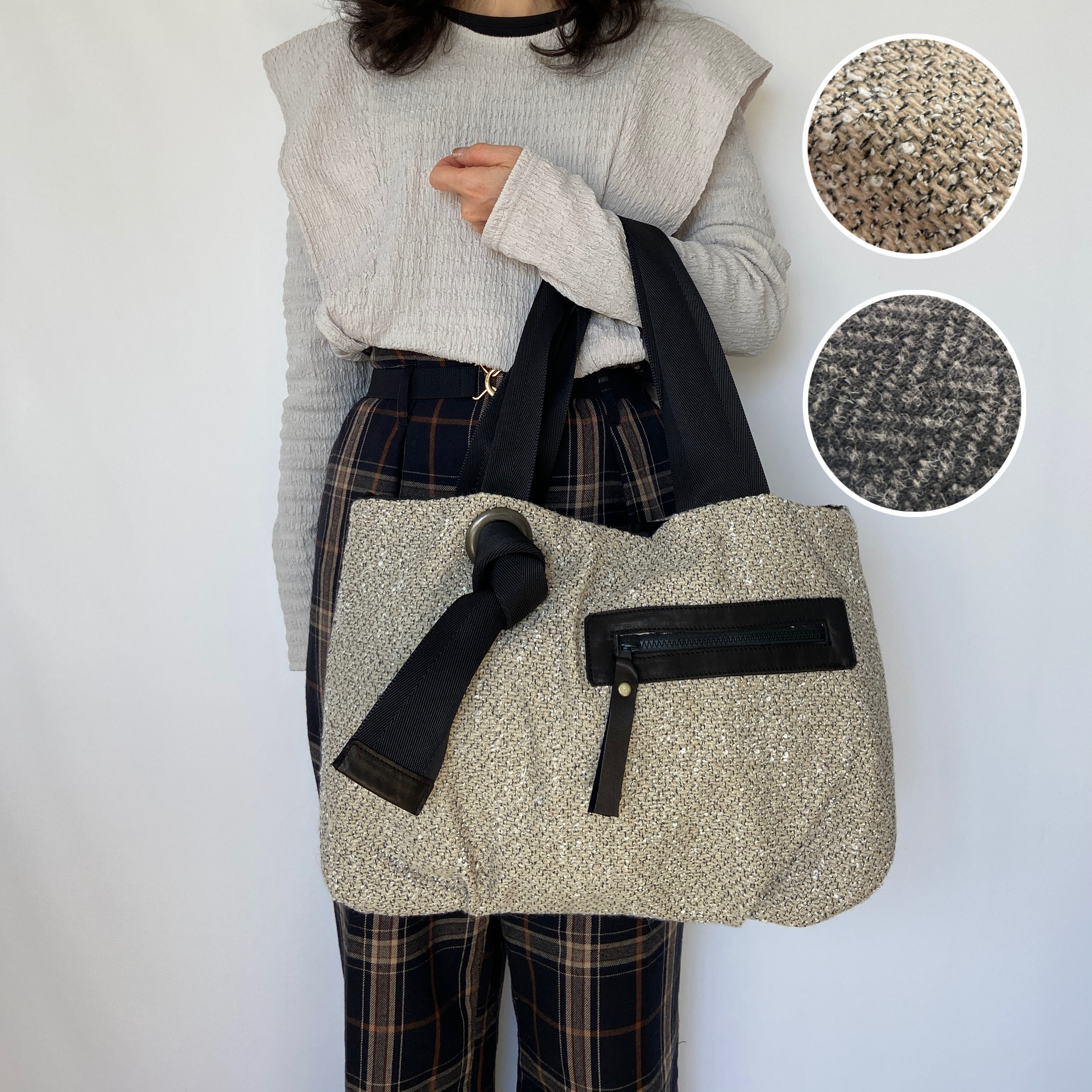 【Mサイズ】へリンボーン・ツイード　トート　オプションにて名入れ・斜めがけ可能