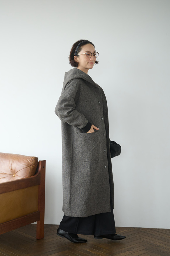 気取らないお洒落が叶うフード付ウールコート　ロングコート　　241109-1 11枚目の画像