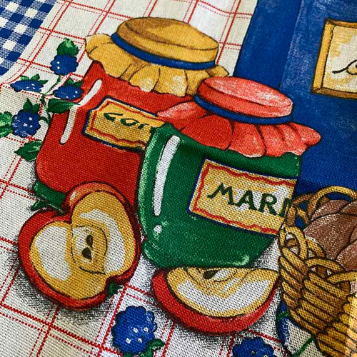 トーション キッチンイラスト 青ギンガムチェック フランスリネン 未
