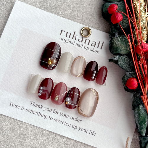 ネイルチップ　オーダー専用　バレンタイン　冬　ニット　チェック柄　マグネット ボルドー×チェック ネイルチップ クリスマス マグネット 冬 春 秋