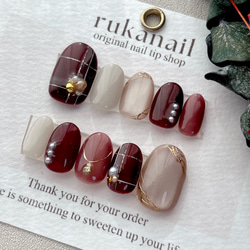 ボルドー×チェック ネイルチップ クリスマス マグネット 冬 春 秋