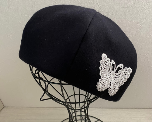 ❤タリ❤dop蝶々 ❦ベレー帽❦ 送料無料 ブラックウールのベレー帽（蝶々） ベレー帽・ハンチング