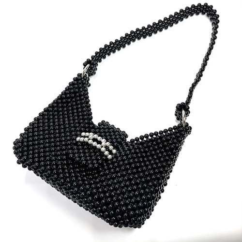 ラウンドビーズのショルダーバッグ【ブラック】☆ビーズバッグ