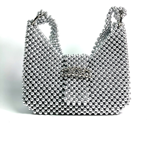 ラウンドビーズのショルダーバッグ【マットシルバー】☆ビーズバッグ