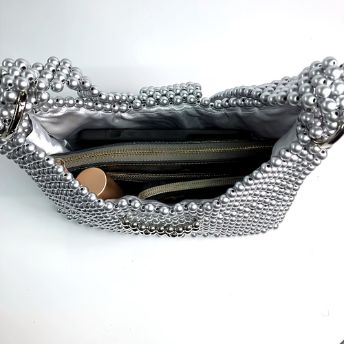 ラウンドビーズのショルダーバッグ【マットシルバー】☆ビーズバッグ