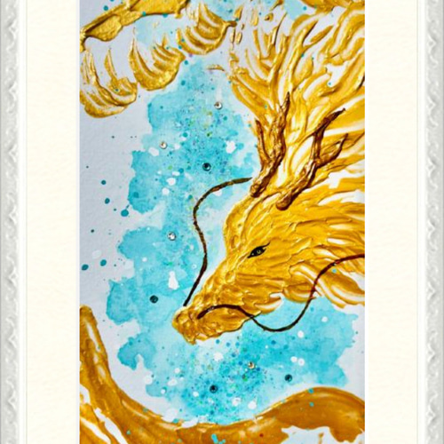 プリント版(A4額付き)】【龍画】金龍/Gold Dragon 双龍 ライン
