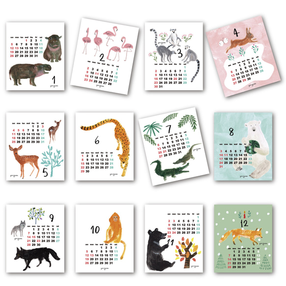 卓上カレンダー2025 動物 コビトカバ、ツキノワグマ、オオカミ、キンシコウ、キツネ 2枚目の画像