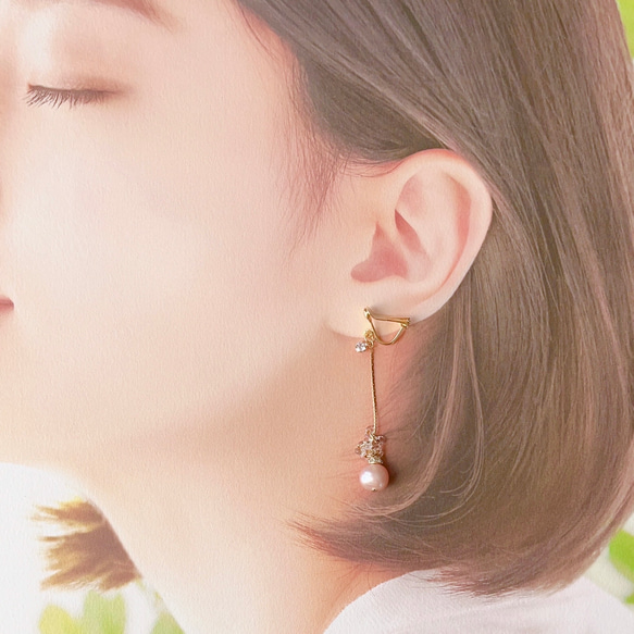 淡水パールナチュラルのイヤリングとイヤーフックのセット【Hijiri】クリスマス　ソフトフィットイヤリング　ピンク 5枚目の画像