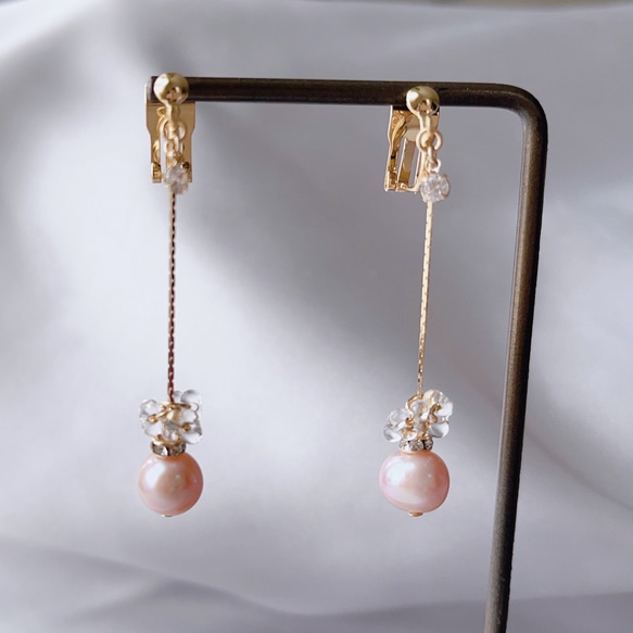 淡水パールナチュラルのイヤリングとイヤーフックのセット【Hijiri】クリスマス　ソフトフィットイヤリング　ピンク 4枚目の画像