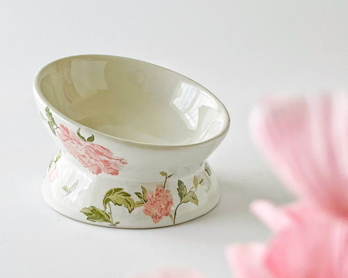 花柄ピンク陶器ボウル2個セット 再販・名前入り》ペット用 ピンクの花柄のフードボウル 犬 猫 エサ入れ