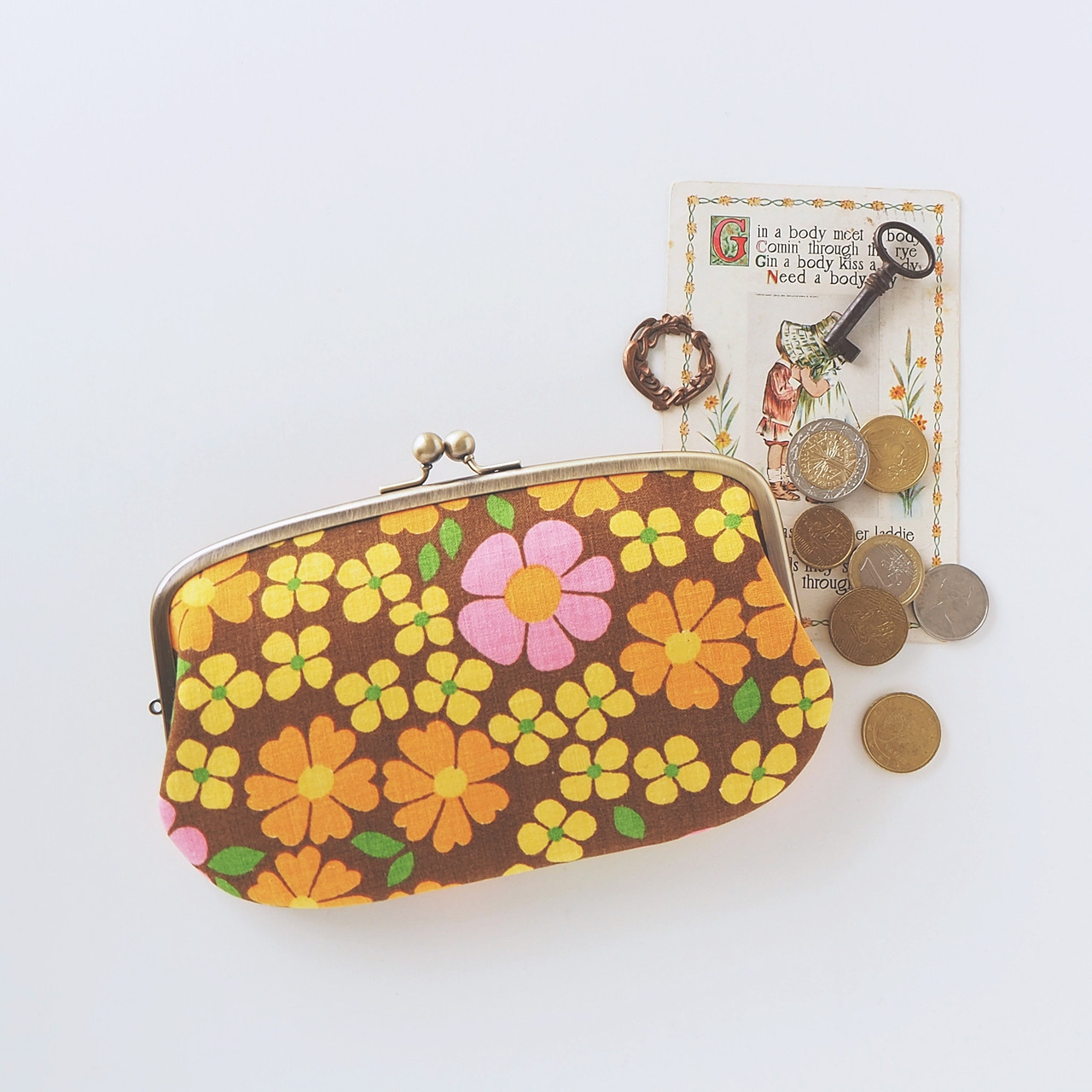 ■ヴィンテージ生地の親子がま口長財布 / ブラウンオレンジ■ ticket(vf-bop)