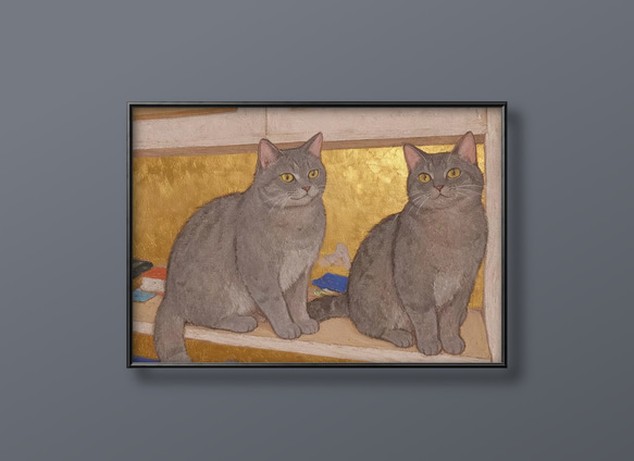 絵画 | イラストポスター198 ☆ 【窓辺で遊んでいる2匹の猫】 絵画