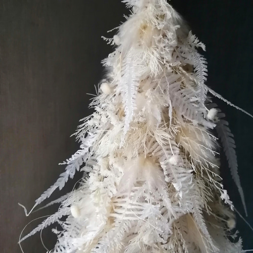 L】 羽根のようなフェザーホワイトクリスマスツリー プリザーブド