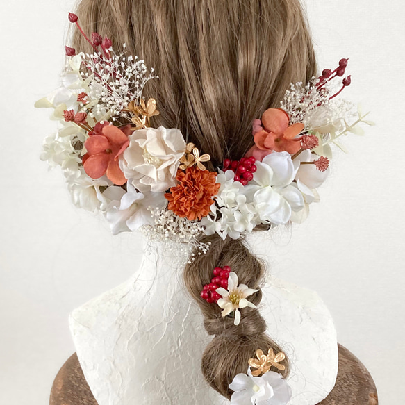 【送料無料】成人式や卒業式、結婚式におすすめの髪飾りです【金箔付】・オレンジ・赤・ボブ・ショート・和装・振袖・水引・花・ 6枚目の画像