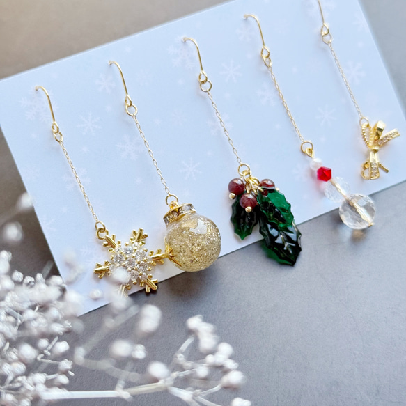 クリスマスチェーンピアス イヤリング 雪だるま×ヒイラギ