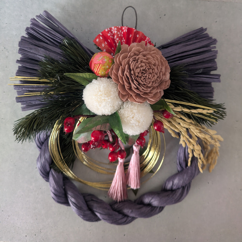 お正月飾り しめ縄リース(紫しめ縄) プリザーブドフラワー 紫系 しめ縄