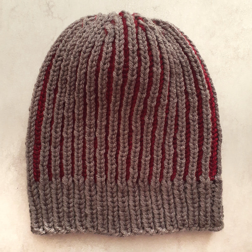 リバーシブルボーダーニット帽 ビーニー グレー×ボルドー チクチク