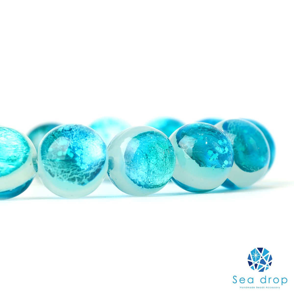 [Sea drop] ホタルガラス 14mm ビーズ ブレスレット エメラルドオーシャン とんぼ玉 [273bt-14]