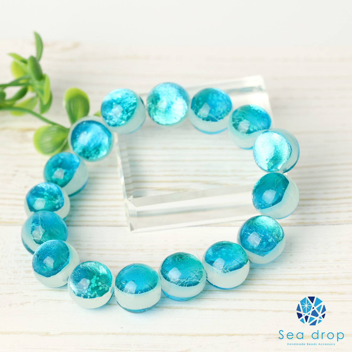[Sea drop] ホタルガラス 14mm ビーズ ブレスレット エメラルドオーシャン とんぼ玉 [273bt-14]