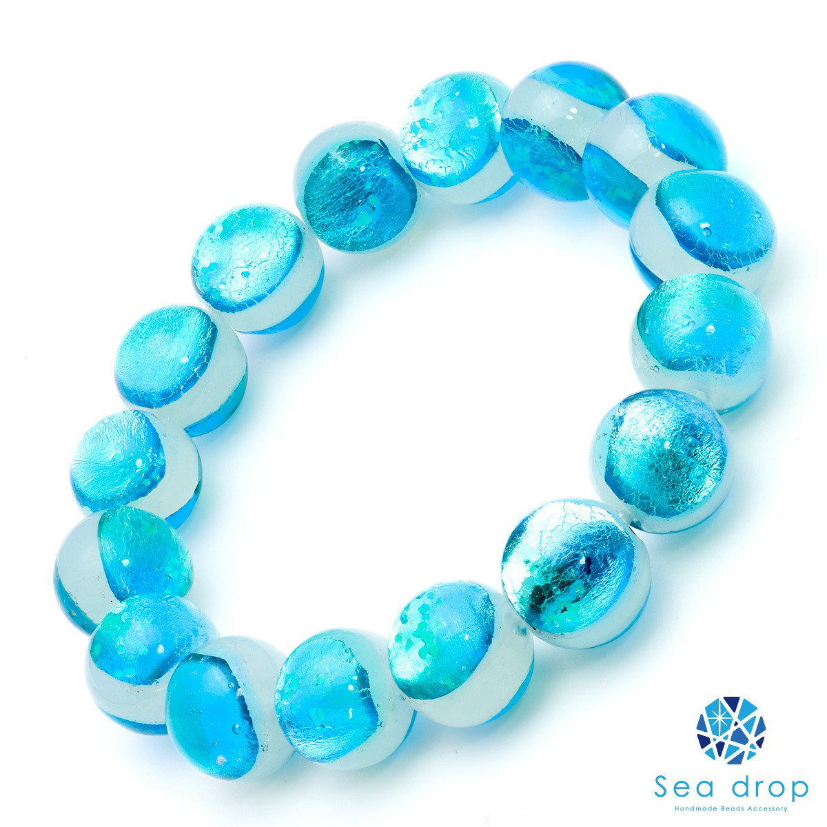 [Sea drop] ホタルガラス 14mm ビーズ ブレスレット エメラルドオーシャン とんぼ玉 [273bt-14]