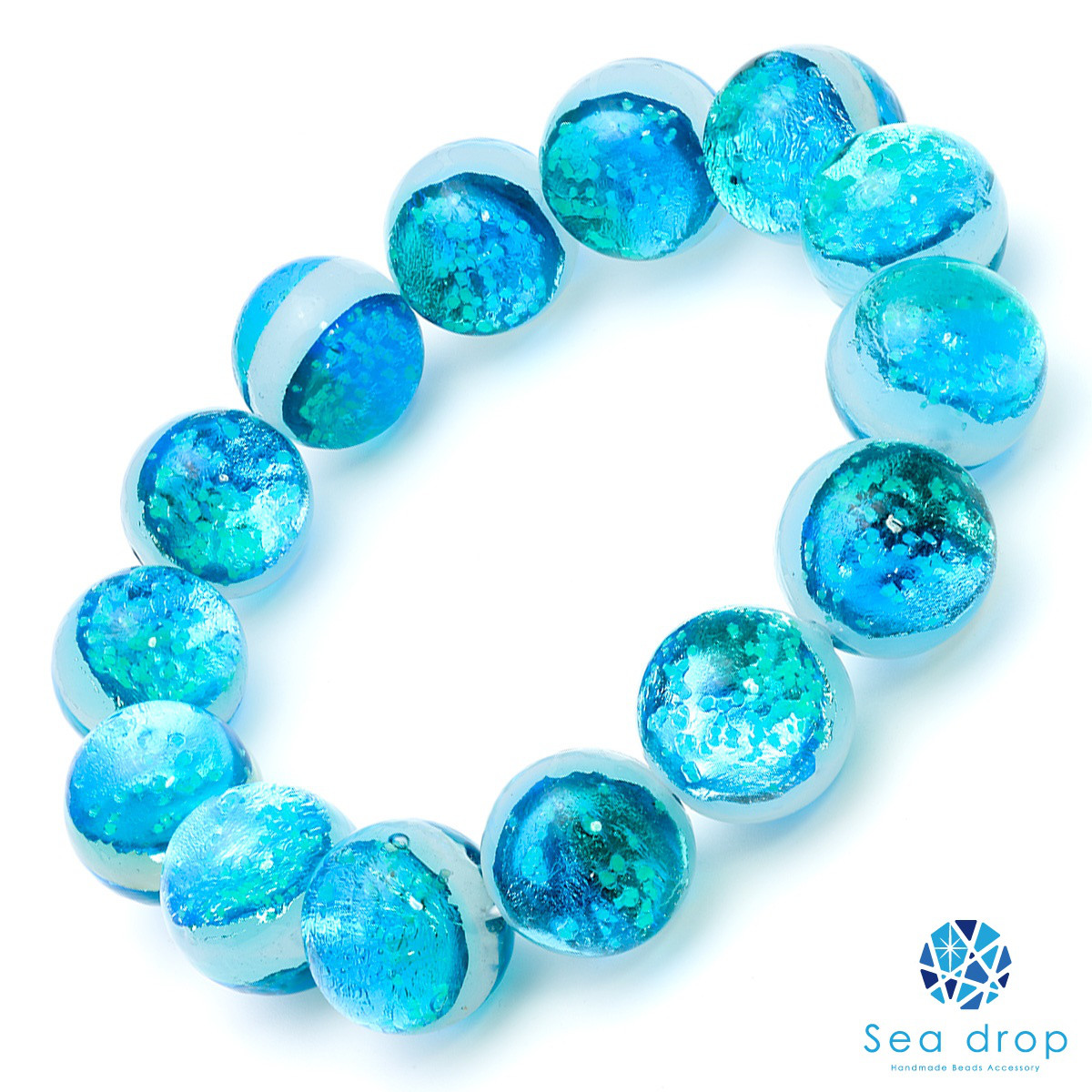 [Sea drop] ホタルガラス 16mm ビーズ ブレスレット エメラルドオーシャン とんぼ玉 [273bt-16]