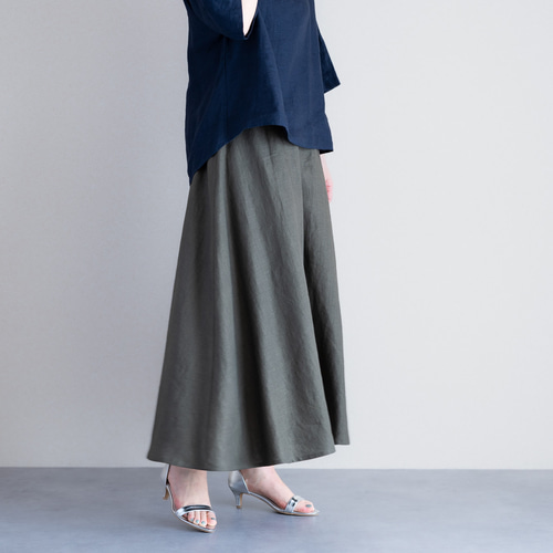 リネンフレアスカート オリーブ カーキ 美シルエット Aラインロング  