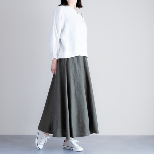 リネンフレアスカート オリーブ カーキ 美シルエット Aラインロング