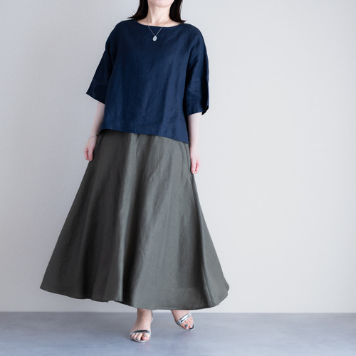 リネンフレアスカート オリーブ カーキ 美シルエット Aラインロング