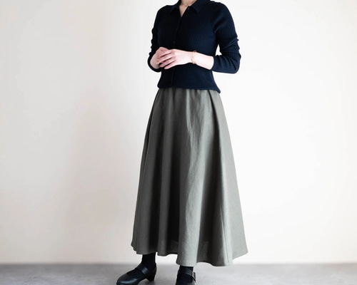 リネンフレアスカート オリーブ カーキ 美シルエット Aラインロング
