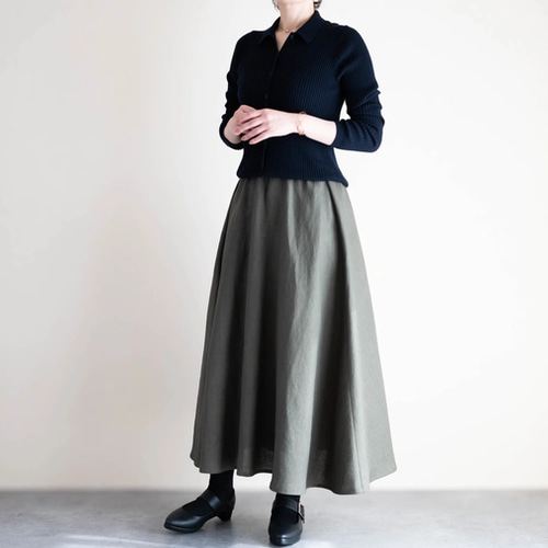 リネンフレアスカート オリーブ カーキ 美シルエット Aラインロング
