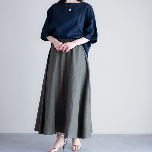 リネンフレアスカート オリーブ カーキ 美シルエット Aラインロング