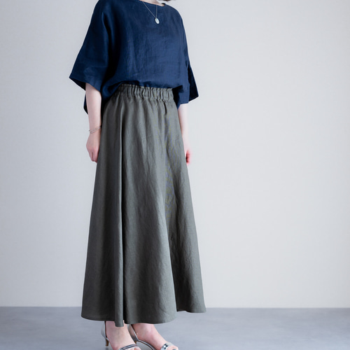 リネンフレアスカート オリーブ カーキ 美シルエット Aラインロング