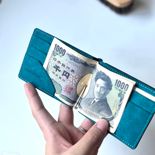 マネークリップ財布（小銭入れ付き【ターコイズ】本革