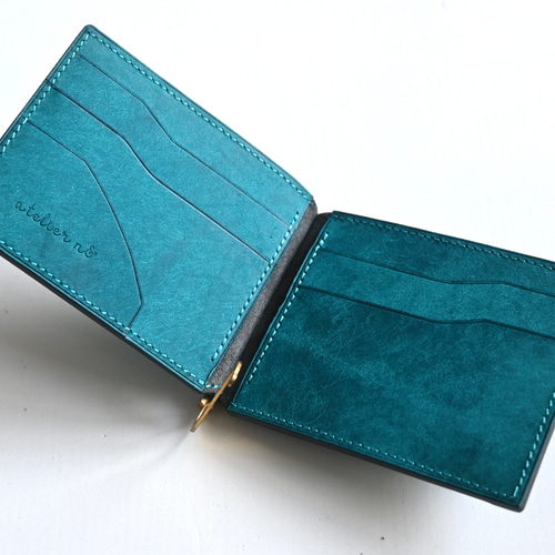 マネークリップ財布（小銭入れ付き【ターコイズ】本革 イタリアン