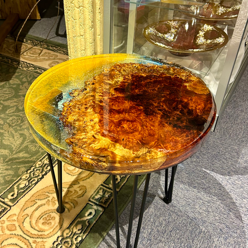 超希少杢】花梨紅白瘤杢 最高級ジルコニアのレジンテーブル ST2