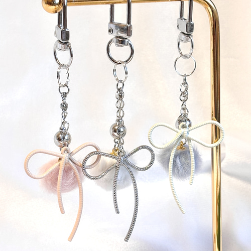 k_044-6 ハンドメイド リボンモチーフ ビーズキーホルダー