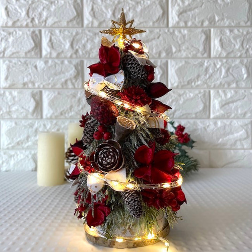 クリスマス〜LEDライト付き木の実が詰まったクリスマスツリー レッド